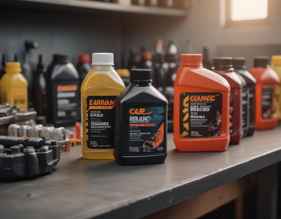 Multiple car fluids including engine oil, brake fluid, and power steering fluid on a workbench