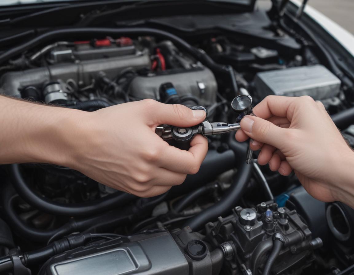 Inspecting the underside of a car engine with diagnostic tools