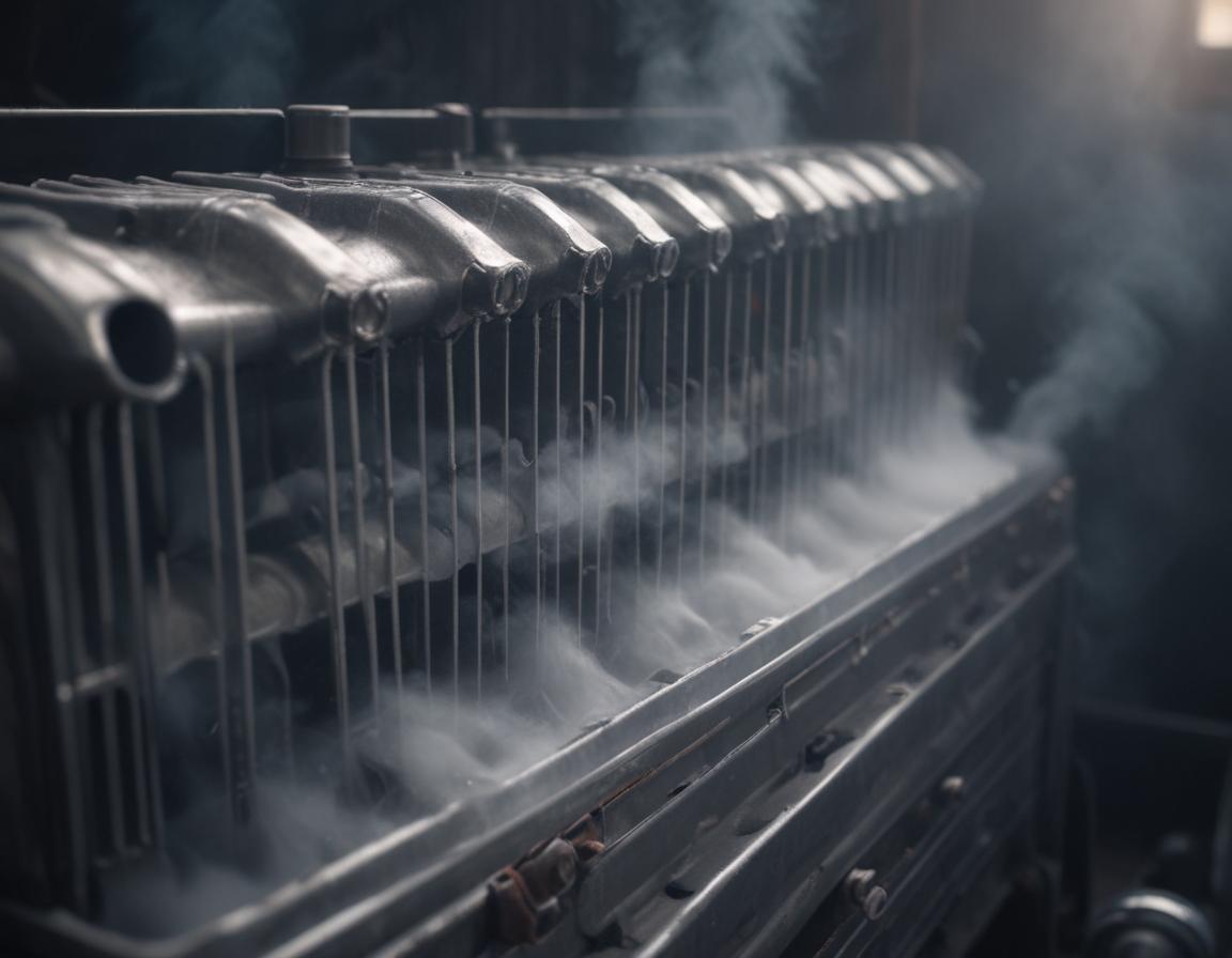 Photo of a car radiator with steam rising, indicating overheating.