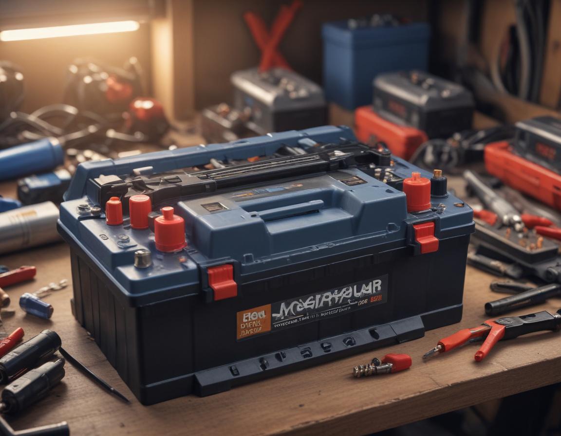 Car battery with clean terminals and tools on workbench